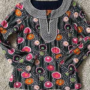 Tory Burch Black Floral Blouse with Orange and Pink Accents